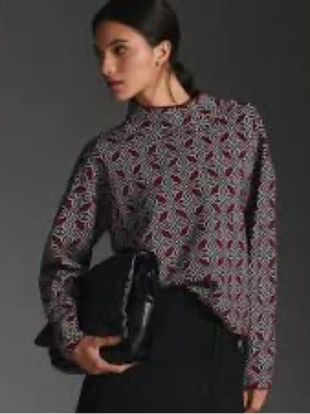 Maeve Burgundy and Black Geometric Mock Neck Blouse